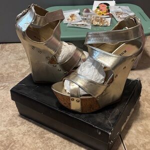 Just Fab . Stylish Gold Wedge Sandals